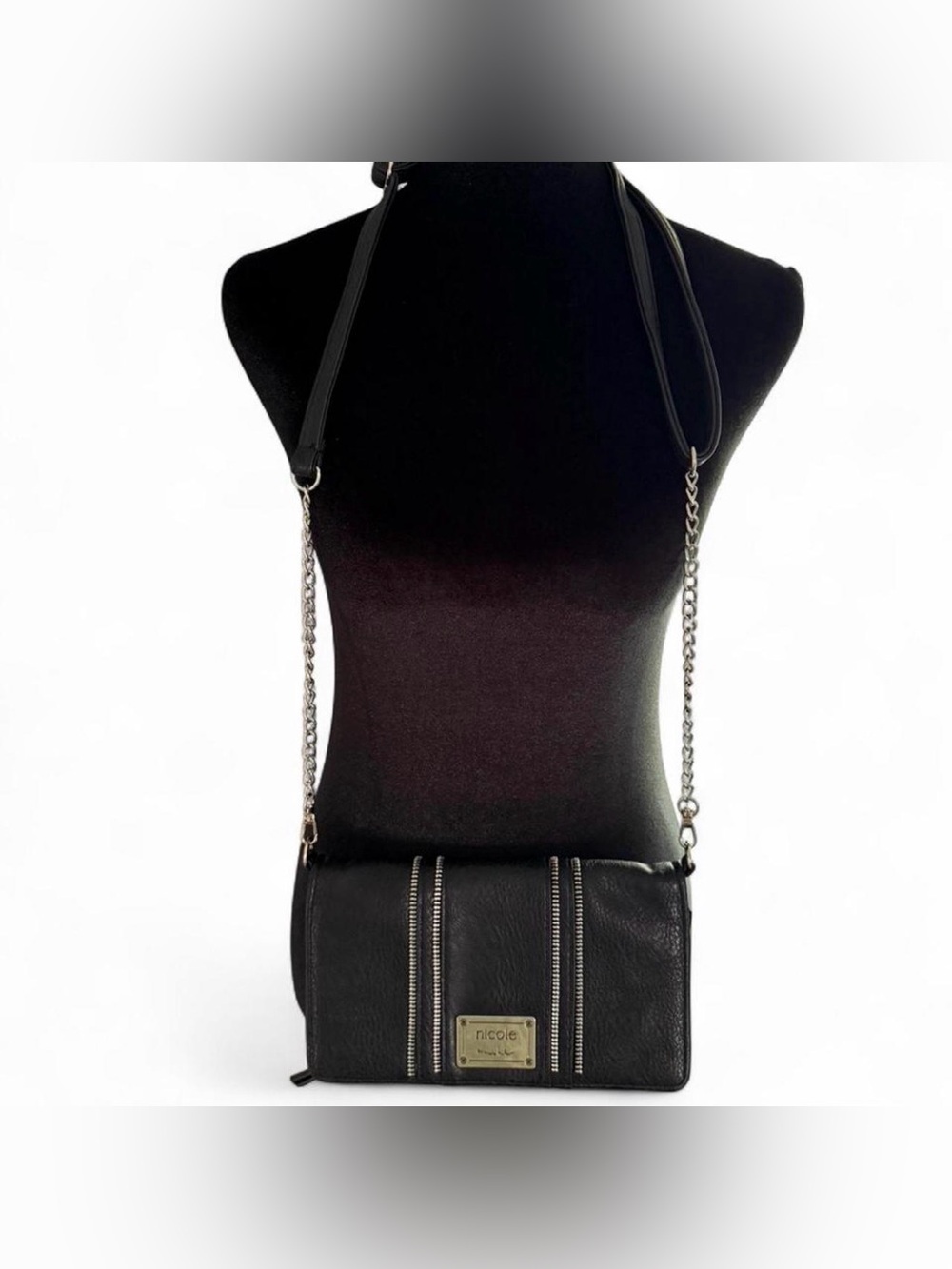 Nicole by Nicole Miller Black Crossbody Wallet Purse Chain Strap - Picture 2 of 7
